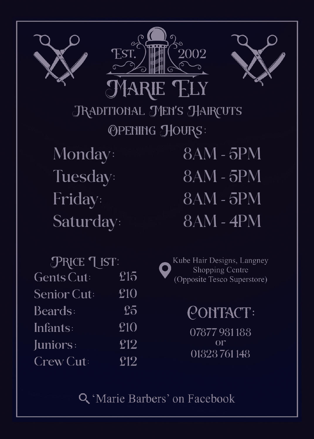 Flyer for Marie Ely @ Kube Hair Stylists, Eastbourne